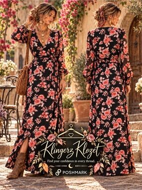 JustFab Black Floral Maxi Dress S Sheer Sleeve Boho Wrap Romantic